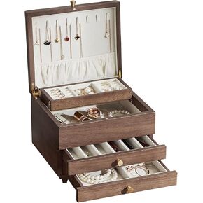 Wooden Jewelry Box, 3-Layer Large Jewelry Organizer for Women, Jewelry Storage, for Necklaces Rings Earring Watches Bracelets, Black Walnut Solid Wood, Birthday Gift (With Mirror)