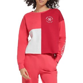 Tommy Hilfiger Women's Slightly Cropped Color Blocked Printed Chest & Sleeve Graphic Crew