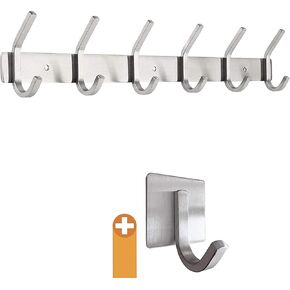 Coat Rack from Stainless Steel - Brushed Chrome - 43x8x3.8cm - Holds up to 30 kg - 6 Fixed Hooks +Plus: 1 self-Adhesive Hook incl