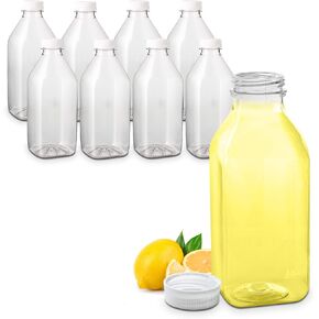 MT Products 32 Oz. / 1 Quart Empty Clear PET Plastic Juice Bottles with Tamper Evident Caps by AM Bottle Supply - Set of 8 Bottles and 8 Caps