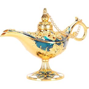 Vintage Gold and Light Blue Arabian Lamp Genie Lamp Magical Decor for Aladdin Party Legend Wishing Light Decoration Egyptian Inspired Zinc Alloy Magic Mixies Lamp