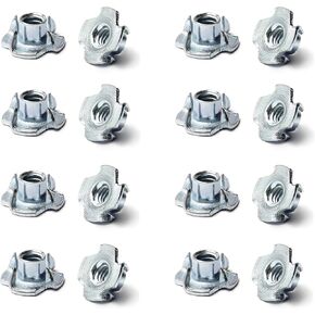 50 Pack 3/8""-16 T-Nuts, Zinc Plated Carbon Steel T Nuts, 7/16"" Barrel Length, 4 Pronged Tee Blind Nuts Threaded Inserts for Wood, Rock Climbing Holds, Cabinetry, Furniture etc., Silver