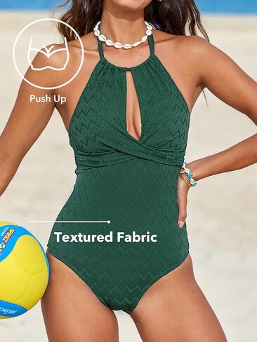 CUPSHE Women's One Piece Swimsuit Halter High Neck Cutout Textured Push Up Front Twisted Bathing Suit in Saudi Arabia