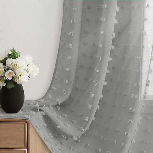 White Sheer Curtains 84 Inches Long for Kids Bedroom Light Filtering Back Tab Curtains Pom Pom Boho Curtains for Living Room Aesthetic Semi Sheer Curtains,52x84,2 Panels,White in Saudi Arabia