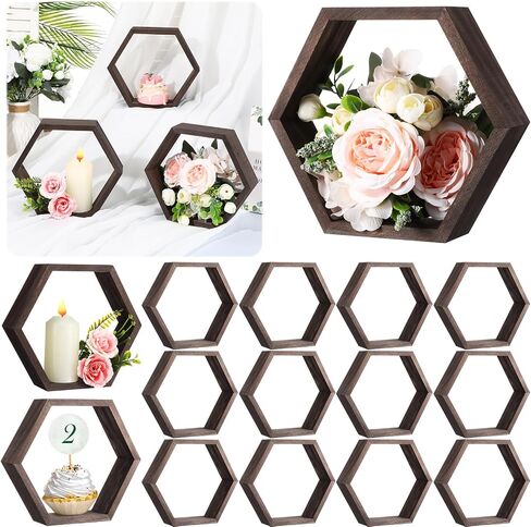 Barydat 12 Pcs 8 Inch Hexagon Shelves Hexagon Wood Centerpiece Geometric Terrarium Decorative Honeycomb Floating Storage Shelf for Wedding Table Decorations Home Office Room (Brown) in Saudi Arabia