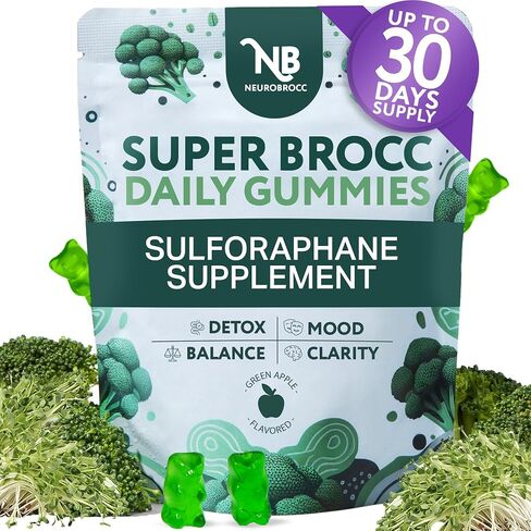 NeuroBrocc Sulforaphane Supplement Gummies - Potent Broccoli Sprout Extract Supplement - 60 Vegan Friendly Green Apple Flavor Gummies in Saudi Arabia
