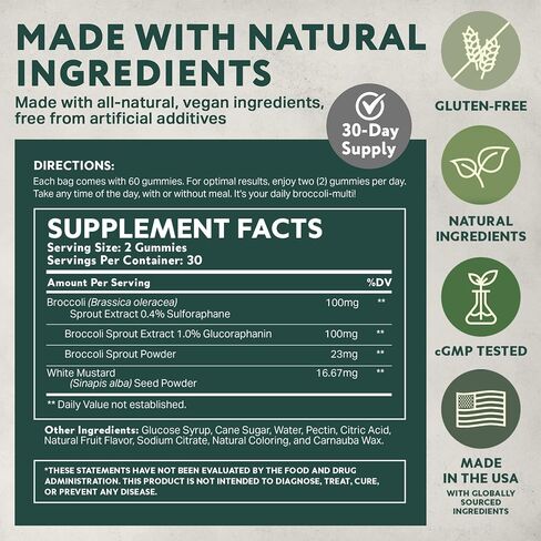 NeuroBrocc Sulforaphane Supplement Gummies - Potent Broccoli Sprout Extract Supplement - 60 Vegan Friendly Green Apple Flavor Gummies in Saudi Arabia