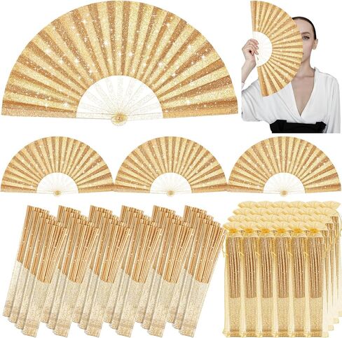 24 Pcs Glitter Large Rave Fans Bulk Folding Handheld Hand Fan with Organza Bag Chinese Tai Chi Kung Fu Fan Festival Gifts for Women Men Halloween Wedding Dancing Party Favor Decor(Black) in Saudi Arabia