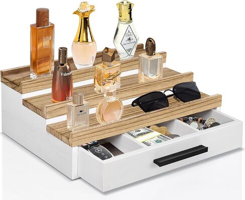3-Tier Cologne Organizer for Men, Wood Perfume Organizer with Drawer, Cologne Stand Organizer for Organizing and Storage, Perfume Holder for Mens Room Decor, Perfume Display Shelf, Gift for Men Women in Saudi Arabia