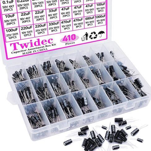 Twidec/410Pcs Aluminum Electrolytic Capacitor Assortment Box Kit 24Value 0.1uF－1000uF Different Range 10V/16V/25V/50V Radial Leads Electrolytic Capacitors for Repair TV, Radio, Microwave etc in Saudi Arabia
