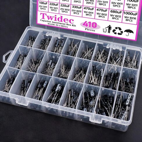 Twidec/410Pcs Aluminum Electrolytic Capacitor Assortment Box Kit 24Value 0.1uF－1000uF Different Range 10V/16V/25V/50V Radial Leads Electrolytic Capacitors for Repair TV, Radio, Microwave etc in Saudi Arabia