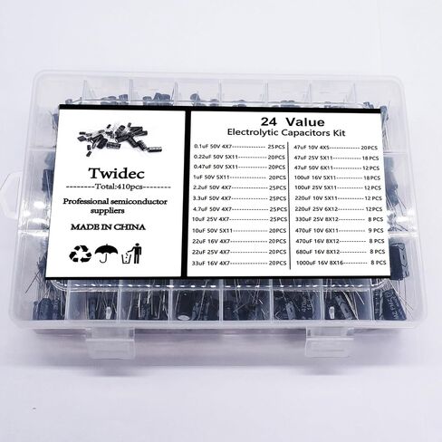 Twidec/410Pcs Aluminum Electrolytic Capacitor Assortment Box Kit 24Value 0.1uF－1000uF Different Range 10V/16V/25V/50V Radial Leads Electrolytic Capacitors for Repair TV, Radio, Microwave etc in Saudi Arabia