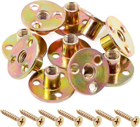 64Pcs M10 Brad Hole Tee Nut with Screws Set Carbon Steel T-Nuts Zinc Plated Round Base Female Thread Screw-in Furniture Hardware in Kuwait