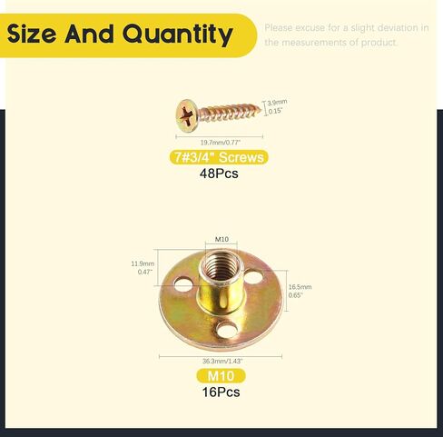 64Pcs M10 Brad Hole Tee Nut with Screws Set Carbon Steel T-Nuts Zinc Plated Round Base Female Thread Screw-in Furniture Hardware in Kuwait