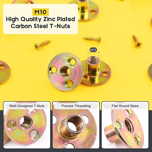 64Pcs M10 Brad Hole Tee Nut with Screws Set Carbon Steel T-Nuts Zinc Plated Round Base Female Thread Screw-in Furniture Hardware in Kuwait