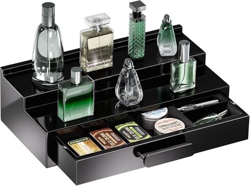 ProCase 2 Tiers Lacquered Finish Wooden Cologne Organizer for Men, Perfume Display Stand Shelf with Drawer, Men's Cologne Storage Rack, A Perfect Cologne Holder Gift for Men -Black in Saudi Arabia