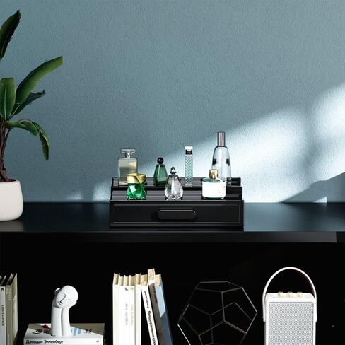 ProCase 2 Tiers Lacquered Finish Wooden Cologne Organizer for Men, Perfume Display Stand Shelf with Drawer, Men's Cologne Storage Rack, A Perfect Cologne Holder Gift for Men -Black in Saudi Arabia