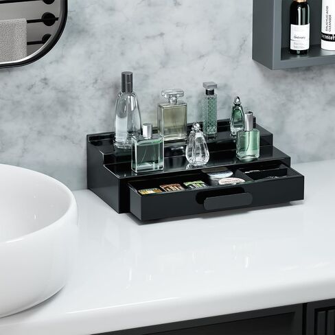 ProCase 2 Tiers Lacquered Finish Wooden Cologne Organizer for Men, Perfume Display Stand Shelf with Drawer, Men's Cologne Storage Rack, A Perfect Cologne Holder Gift for Men -Black in Saudi Arabia