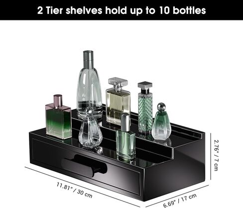 ProCase 2 Tiers Lacquered Finish Wooden Cologne Organizer for Men, Perfume Display Stand Shelf with Drawer, Men's Cologne Storage Rack, A Perfect Cologne Holder Gift for Men -Black in Saudi Arabia