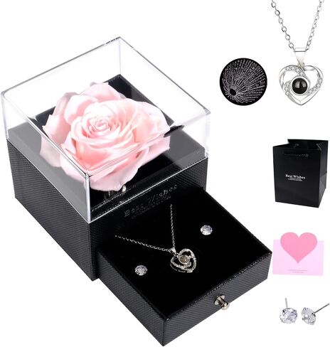 Lian Real Preserved Rose Birthday Gifts for Women, with Necklace and 925 Sterling Silver Earrings. Women Girlfriend Wife Mother Present for Birthday, Valentine's Day, Anniversary, Mother's Day in Saudi Arabia