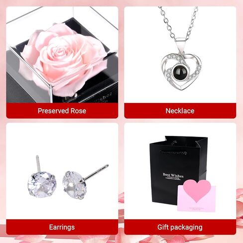 Lian Real Preserved Rose Birthday Gifts for Women, with Necklace and 925 Sterling Silver Earrings. Women Girlfriend Wife Mother Present for Birthday, Valentine's Day, Anniversary, Mother's Day in Saudi Arabia
