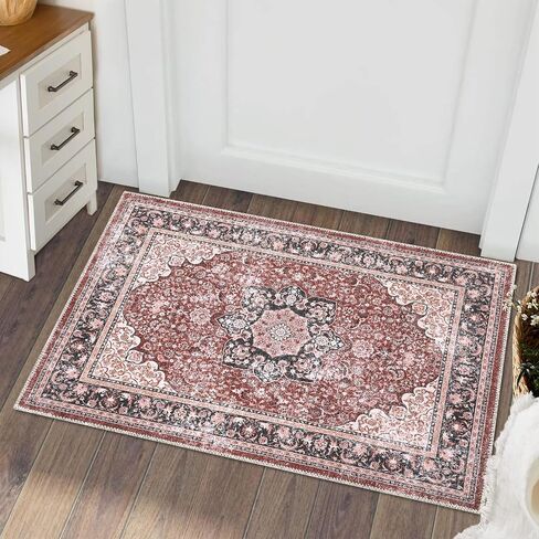 Runner Rug Vintage Hallway Runner Rug Entryway Rug, Washable Stain Resistant Non-Slip Accent Rug Retro Distressed Nedallion Bedroom Rug Runner Entrance Carpet for Kitchen, Orange, 2' x 6' in Saudi Arabia