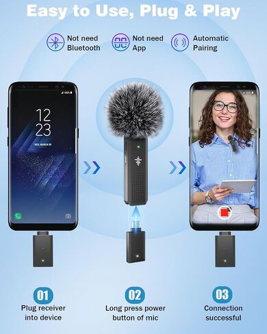 2 Pack Wireless Microphone for Android & iPhone 15, Wireless Lavalier Microphone with 3 Level Noise Reduction, Clip On Microphone for Video Recording, YouTube, TikTok, Vlog, Podcast, Interview in Saudi Arabia