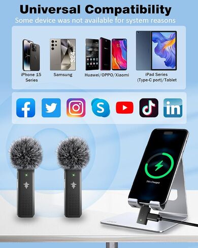 2 Pack Wireless Microphone for Android & iPhone 15, Wireless Lavalier Microphone with 3 Level Noise Reduction, Clip On Microphone for Video Recording, YouTube, TikTok, Vlog, Podcast, Interview in Saudi Arabia