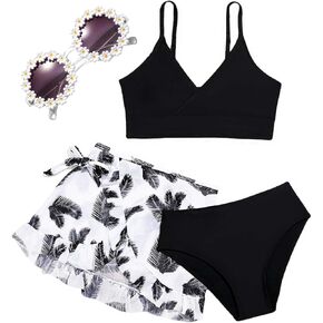 Girls Swimsuit, 3 Piece Bathing Suits V-Neck Ruffle Floral Bikini Set with Skirt Sunglasses Cute Teen Kids Swimwear 8-15T