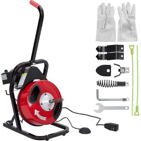Drain Cleaner Machine 50 Ft X 1/2 Inch, Sewer Auger Auto Feed with 4 Cutters & Foot Switch and Pair of Gloves for 1 to 4 Inch Pipes, Red, Black
