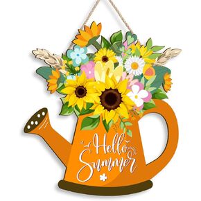 Hello Summer Watermelon Sign for Front Door Wood Hanger Outdoor Outside Porch Decor, Seasonal Farmhouse Wooden Wreath Indoor Wall Hanging Decoration 12x12inch