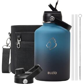 BUZIO 40oz Insulated Water Bottle, Stainless Steel Water Flask with Straw Lid and carrying pouch, Keep Cold 48h Leak Proof Double Wall Vacuum Travel Mug Metal Canteen for Gym Camp Beach, Black