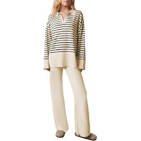 Pink Queen 2024 Fall Sweater Sets for Women 2 Piece Long Sleeve Collar V Neck Sweatsuit Knitted Stripe Pajamas