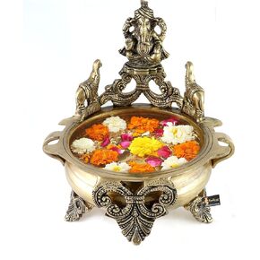 Aashirwada Mudra Ganesha Design 7.5 Inches Brass Urli, Urli Bowl for Home Decor, Uruli for Flower Decoration, Brass Pot, Brass Bowl, Antique White, Standard, Pack of 1