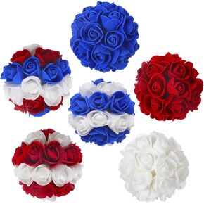 6 Pieces 3.5 Inch Patriotic Flower Balls Red White and Blue Decor Balls 4th of July Artificial Flower Balls Independence Day Decorative Balls Sphere Orbs Decor for Home Craft Vase Bowl Filler