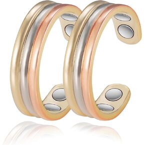 Copper Rings for Women, 2PCS Set Three Color Gold Adjustable Magnetic Ring,Copper Jewelry (B)