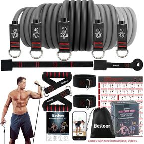 Resistance Band Set. Exercise Bands with Handles, Door Anchor and Ankle Strap. Home Gym, Supports Full-Body Workouts - with Fitness Poster and Video