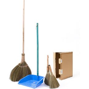 Broom and Duspan Set, Set of 3 Broom - Vietnamese Straw Soft Broom, Small Broom, Mini Broom, Dustpan with Long Handle, Indoor or Outdoor for Sweeping