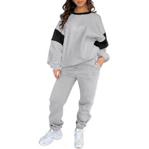 Herseas Womens Two Piece Outfits Long Sleeve Color Block Crewneck Tracksuit Fall Trendy Lounge Set