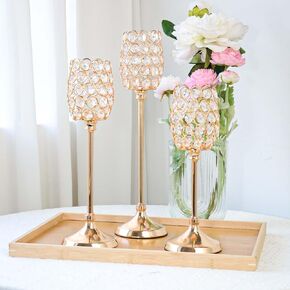 Set of 3 Crystal Candlestick Holder for Table Centerpiece/Gorgeous Set of candelabras (Gold, 3-arm)