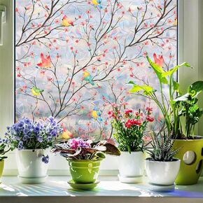 Window Film, Decorative Window Privacy Film, Removable Pink Flower Static Glass Windows Clings Stickers for Home Office Girls Kids Bedroom Living Room Window Door Decor