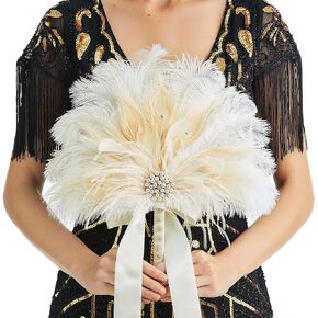 BABEYOND Vintage Bridal Feather Bouquet 1920s Ostrich Feather Fan Crystal Bridesmaid Bouquet 20s Gatsby Wedding Bouquet Flapper Accessories (White & Crystal Handle)