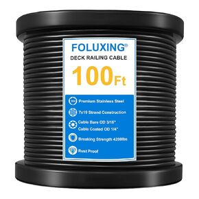 200Ft 1/4" Wire Rope,7x19 Strand Vinyl Coated Aircraft Cable Wire,3/16" Thru 1/4" for Cable Railing, Indoor Outdoor Decking Stair Railing Balustrade DIY, Fencing, Clothes Line