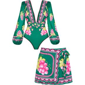 FLAXMAKER Women One Piece Long Sleeve Deep V Neck Grapes Print Long Sleeve Padded Swimsuit Two Piece Swimwear Bathing Suits in Saudi Arabia