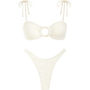 ZAFUL Women's Sexy Tie Spaghetti Strap Bikini Textured O Ring Ruched High Leg Swimsuit Cheeky Bathing Suits