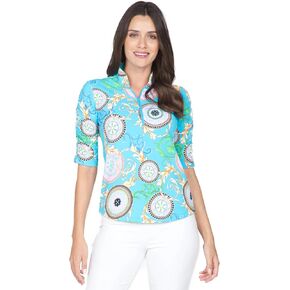 IBKUL Athleisure Wear Sun Protective UPF 50+ Icefil Cooling Tech Debbie Print Ruched Elbow Length Sleeve Top - 41654