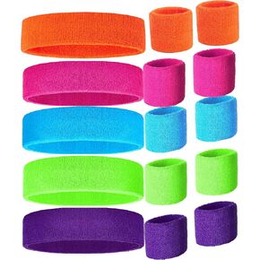 Workout Headbands for Women and Men, Sweatbands for Women with Wristbands Set of 5 Colorful Neon Sweatbands, 80s Headbands, Sports Headband and Wristband Sets