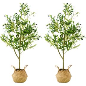 Artificial Olive Trees and Woven Seagrass Basket, 4FT Tall Fake Olive Plant for Home Decor,Realistic Plants for Front Porch, Patio, Indoor Home, Office