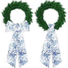 2 Pcs Embroidery Monogram Wreath Sash Blue Chinoiserie Monogram Letter S Wreath Sash for Boxwood Wreath Front Door Porch Home Garland Yard Doorway Bridal Shower Decor Housewarming Gift