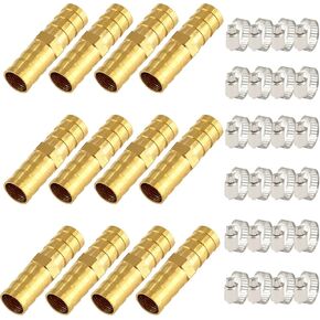 Waziaqoc 12Pcs Brass Hose Barb Fitting, 1/4"(6.35mm) Hose ID Brass Hex Splicer Mender Watertight Straight Connector for Water/Fuel/Air, with Stainless Steel Pipe Clamp
